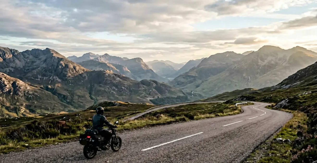 Motorradfahrer auf kurviger Bergstraße vor weitem Horizont