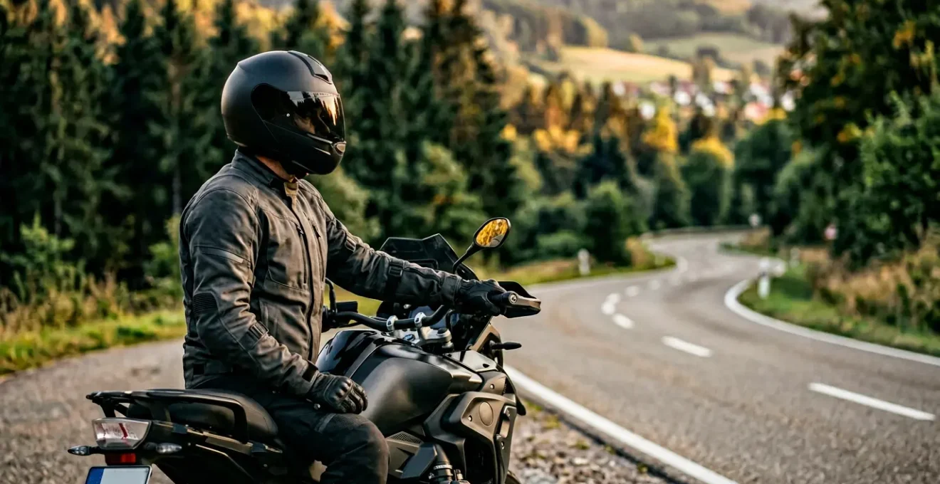 Motorradfahrer in voller Schutzkleidung auf deutscher Landstraße mit konzentriertem Blick nach vorne