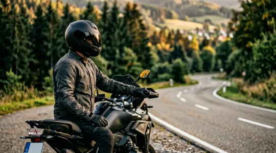 Motorradfahrer in voller Schutzkleidung auf deutscher Landstraße mit konzentriertem Blick nach vorne
