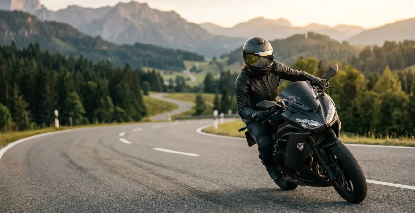 Motorradfahrer lehnt sich selbstbewusst in eine Kurve und überwindet seine Fahrangst