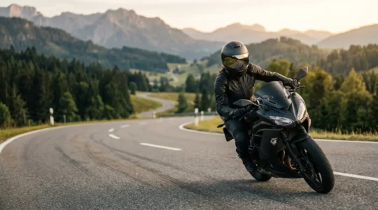 Motorradfahrer lehnt sich selbstbewusst in eine Kurve und überwindet seine Fahrangst