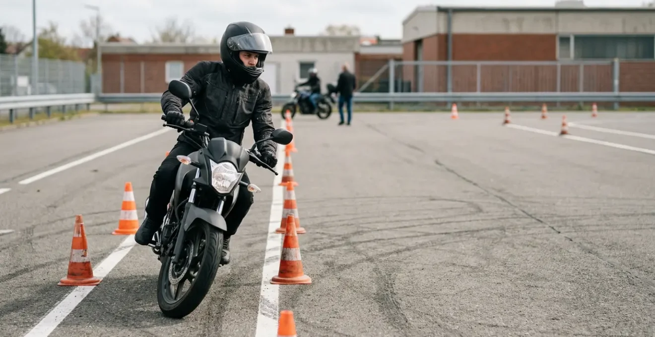 Motorradfahrer auf deutschem Übungsplatz während der Führerscheinausbildung