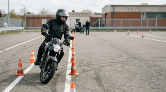 Motorradfahrer auf deutschem Übungsplatz während der Führerscheinausbildung