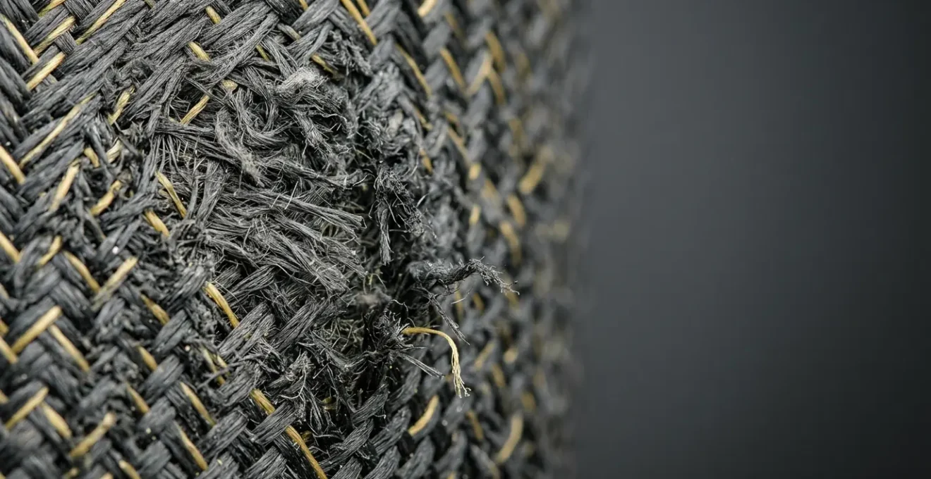 Nahaufnahme von Motorradbekleidung nach Abriebtest auf Asphalt bei hoher Geschwindigkeit