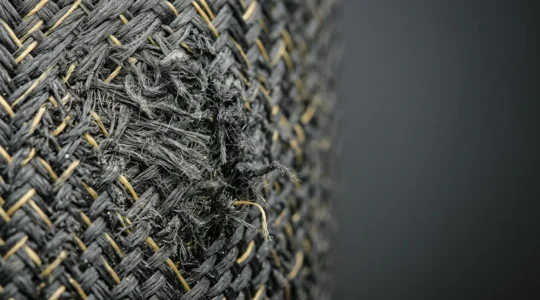 Nahaufnahme von Motorradbekleidung nach Abriebtest auf Asphalt bei hoher Geschwindigkeit