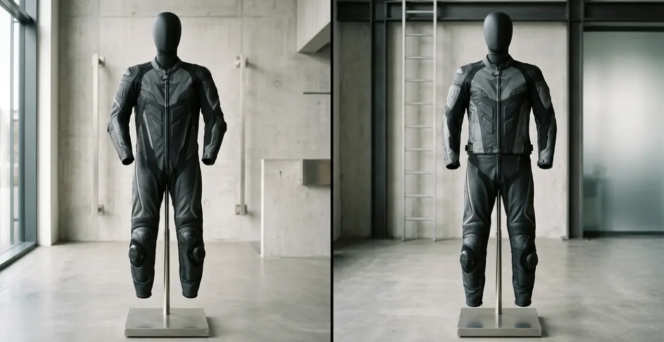 Motorradfahrer in Deutschland bei der Auswahl zwischen ein- und zweiteiliger Kombi