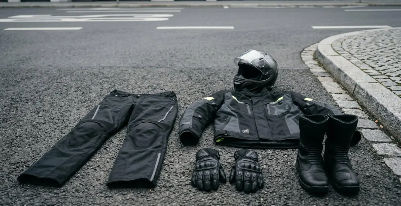 Detaillierte Nahaufnahme hochwertiger Motorradschutzausrüstung mit CE-Kennzeichnung und Protektoren auf deutschem Asphalt