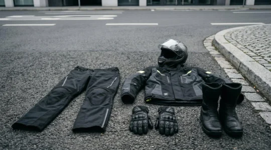 Detaillierte Nahaufnahme hochwertiger Motorradschutzausrüstung mit CE-Kennzeichnung und Protektoren auf deutschem Asphalt