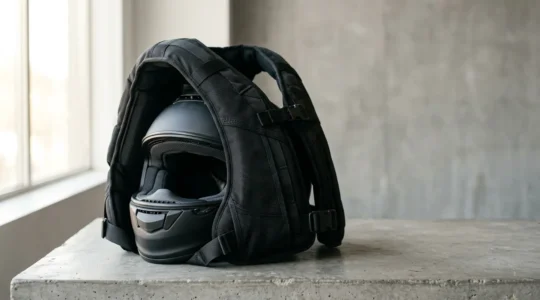 Nahaufnahme von hochwertigen Motorrad-Tourenstiefeln mit sichtbarem Knöchelschutz auf Motorrad-Fußraste