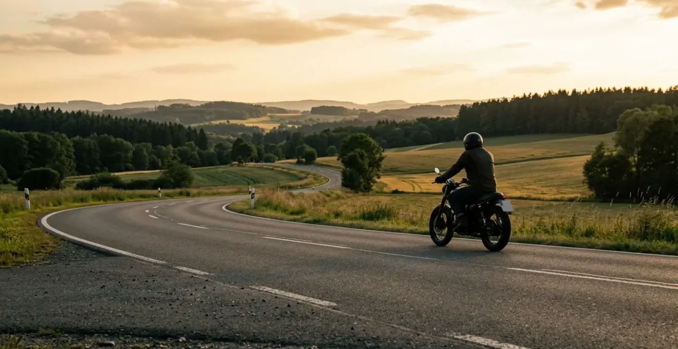 Motorradfahrer auf deutscher Landstraße mit Verkehrszeichen im Hintergrund