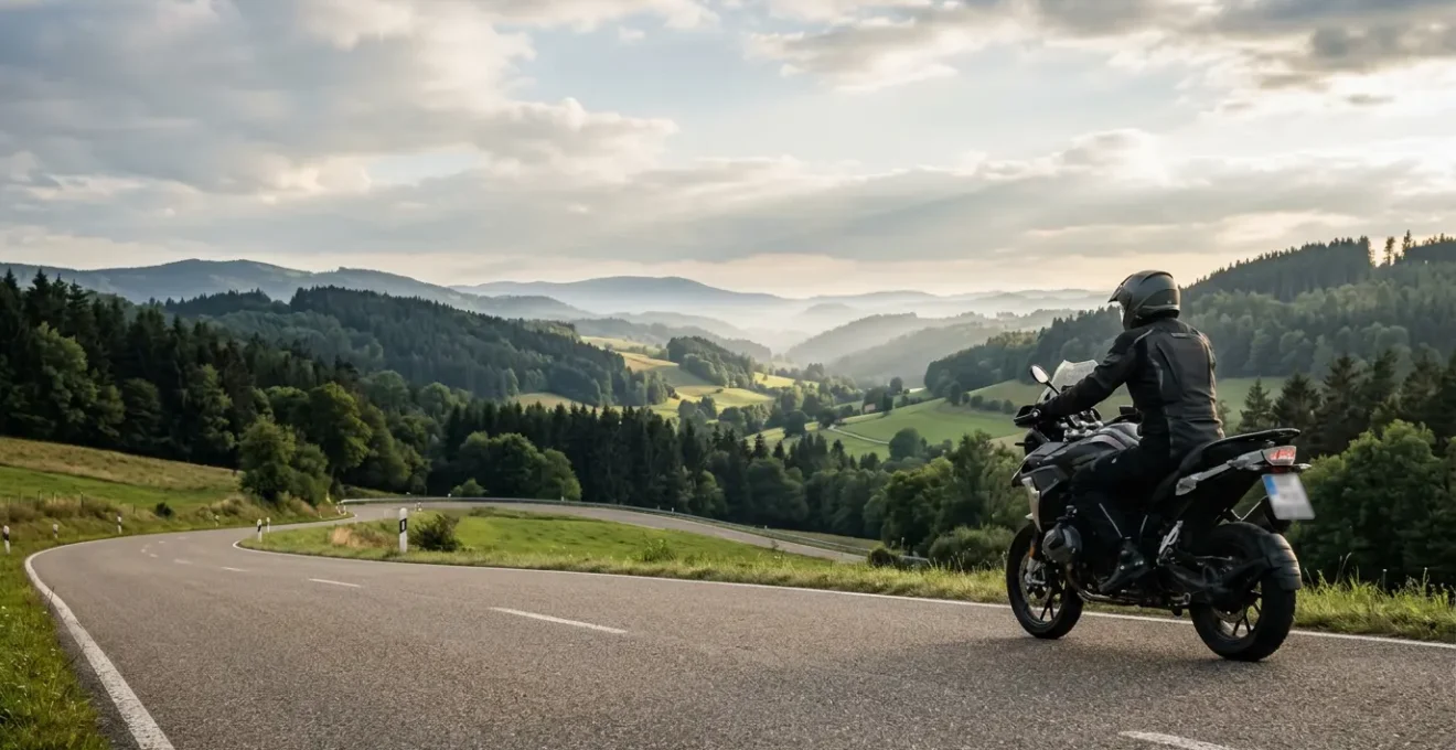 Motorradfahrer auf deutscher Landstraße mit Versicherungsdokument, Symbolbild für Schadenfreiheitsklasse und Kostenersparnis