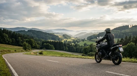 Motorradfahrer auf deutscher Landstraße mit Versicherungsdokument, Symbolbild für Schadenfreiheitsklasse und Kostenersparnis
