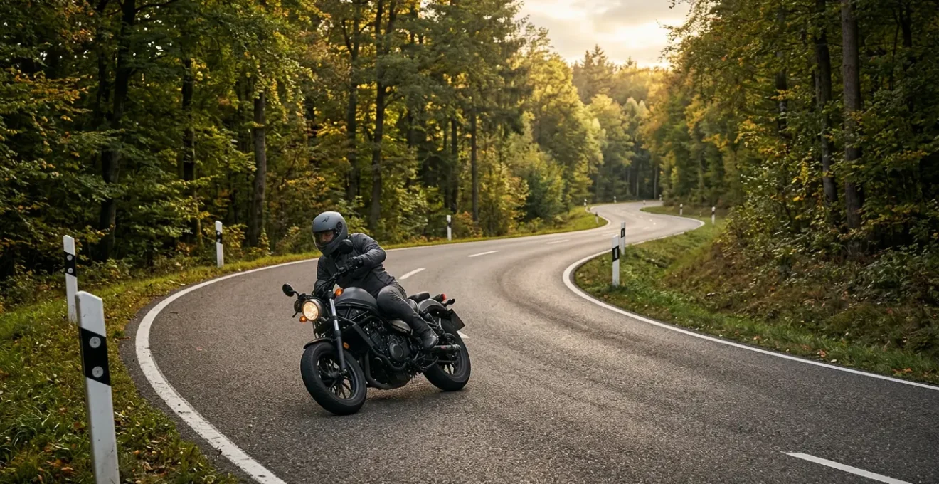 Motorradfahrer in optimaler Schräglage auf kurviger deutscher Landstraße mit Leitpfosten