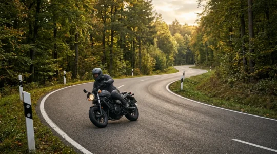 Motorradfahrer in optimaler Schräglage auf kurviger deutscher Landstraße mit Leitpfosten