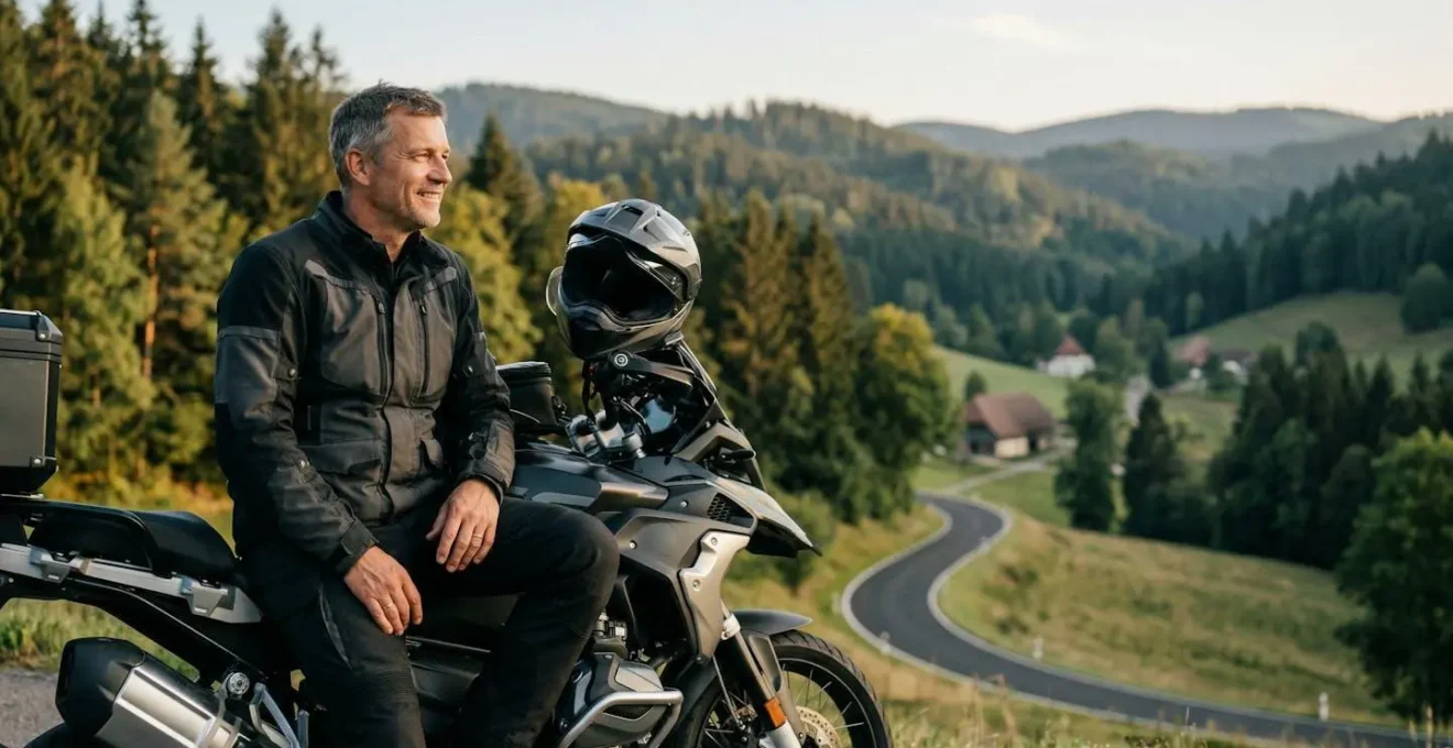 Motorradfahrer in typisch deutscher Landschaft auf Touring-Motorrad während Sonnenuntergang