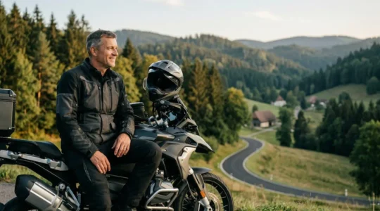 Motorradfahrer in typisch deutscher Landschaft auf Touring-Motorrad während Sonnenuntergang