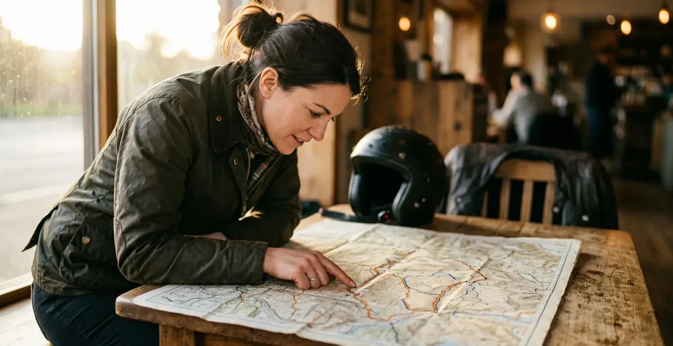 Motorradfahrer plant Route auf Karte vor Abenteuerreise durch Europa