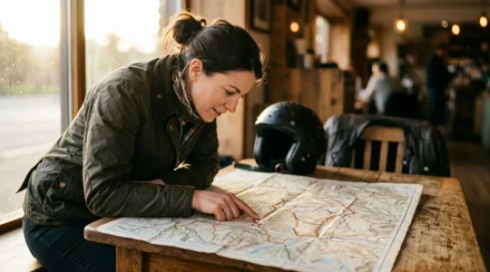 Motorradfahrer plant Route auf Karte vor Abenteuerreise durch Europa