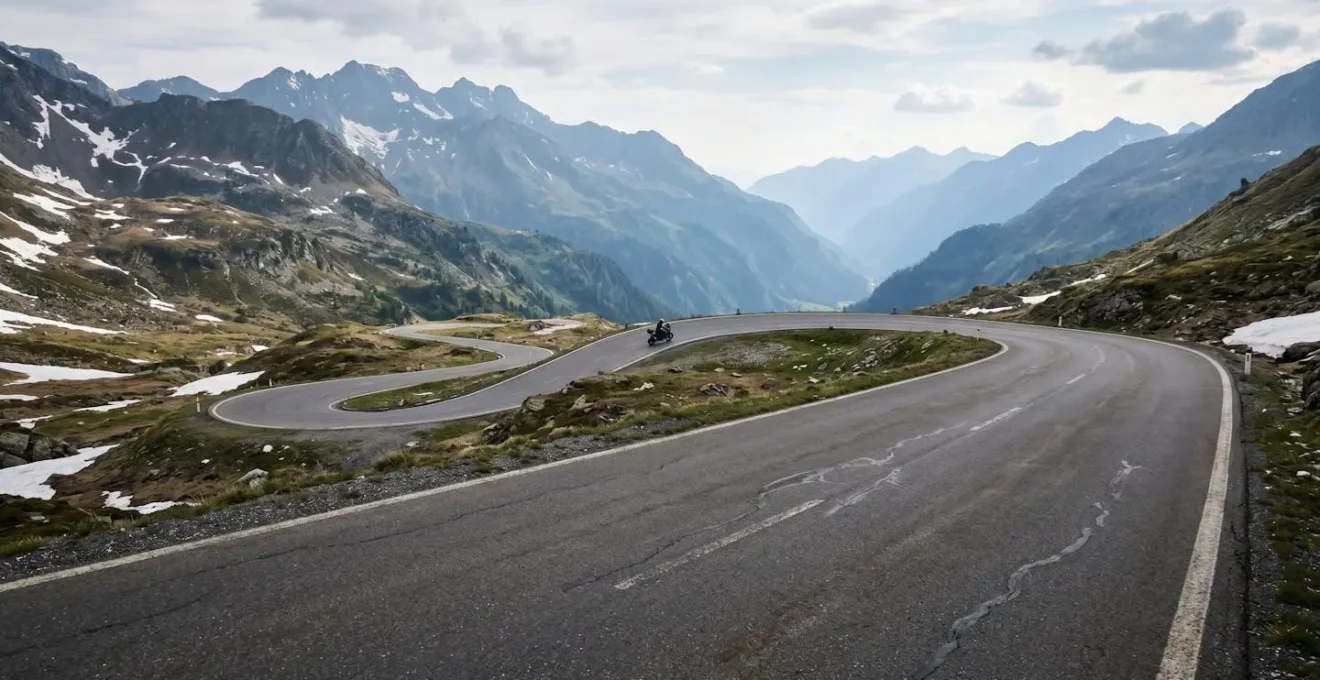 Kurvenreiche Alpenpassstrasse mit Motorrad in atemberaubender Bergkulisse