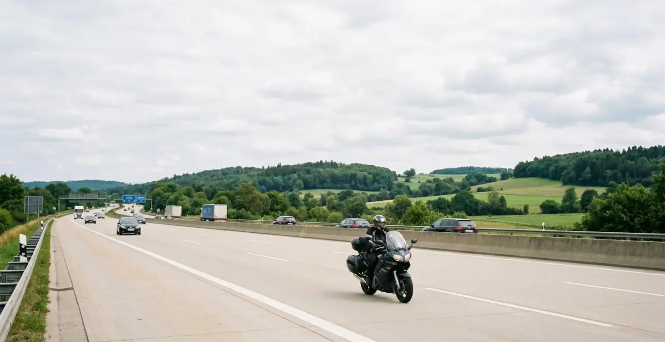 Motorrad auf deutscher Autobahn im fliessenden Verkehr, symbolisiert defensive Fahrweise und Verkehrssicherheit