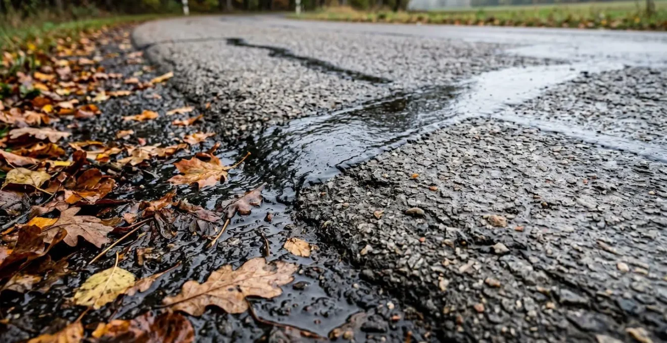 Detailaufnahme von Bitumenflicken und nassem Laub auf Asphalt in Kurveninnenseite