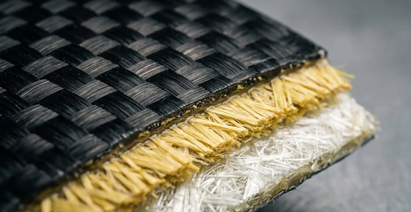 Detailaufnahme der mehrschichtigen Materialstruktur einer Carbon-Helmschale mit sichtbaren Faserschichten