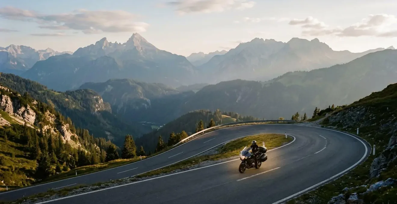 Motorradfahrer in perfekter Harmonie mit der Maschine auf gewundener Alpenstrasse in atmosphärischem Licht