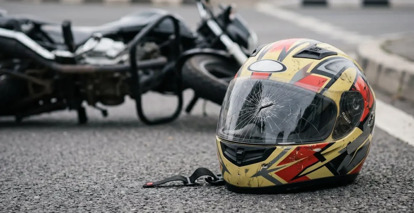 Nahaufnahme eines beschädigten Motorradhelm-Visiers montiert am Helm neben liegendem Motorrad