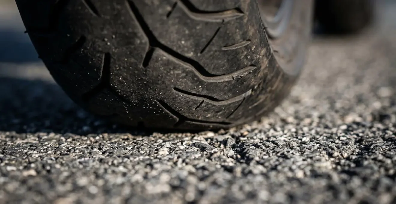 Detailaufnahme eines Motorradreifens mit sichtbarer Latschfläche und Grip-Budget Konzept