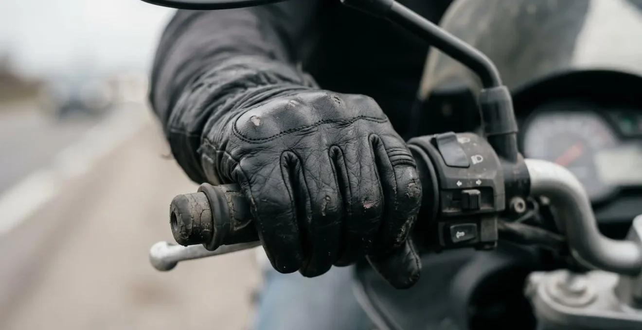 Nahaufnahme verkrampfter Hände am Motorradlenker mit angespannter Körperhaltung