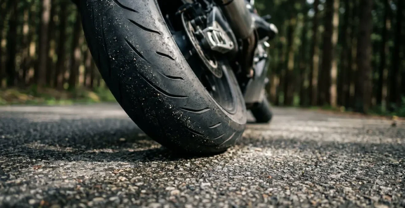 Detailansicht einer kurvigen Waldstrasse mit Motorrad in perfekter Schräglage zwischen hohen Tannen