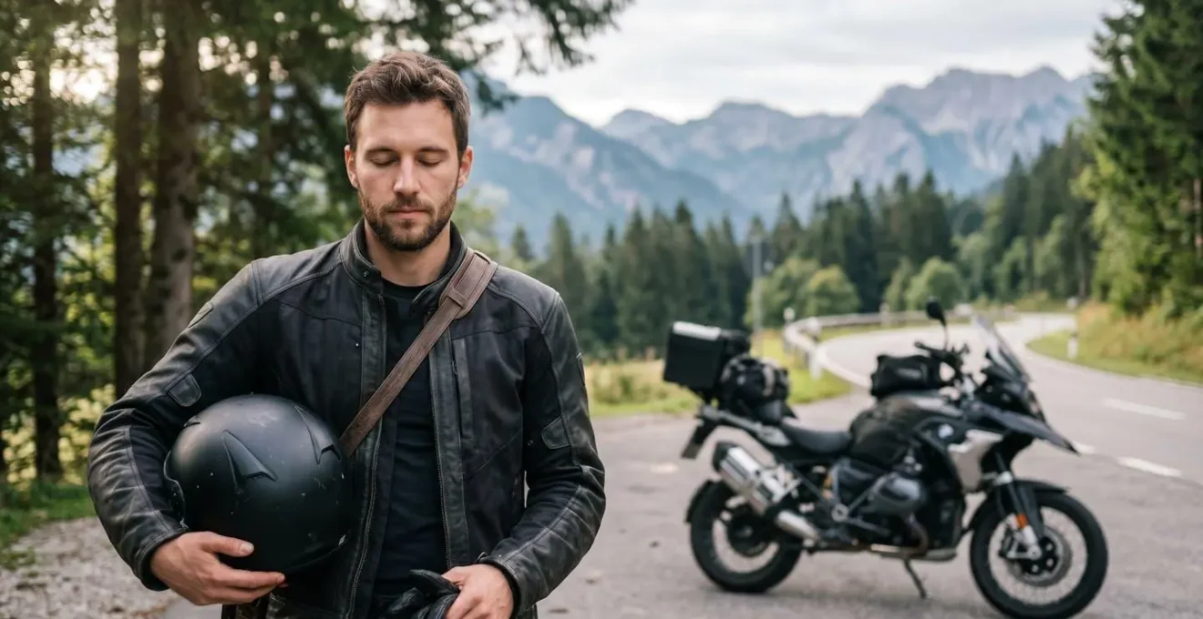 Motorradfahrer in entspannter Position vor der Fahrt mit geschlossenen Augen in konzentrierter Visualisierung