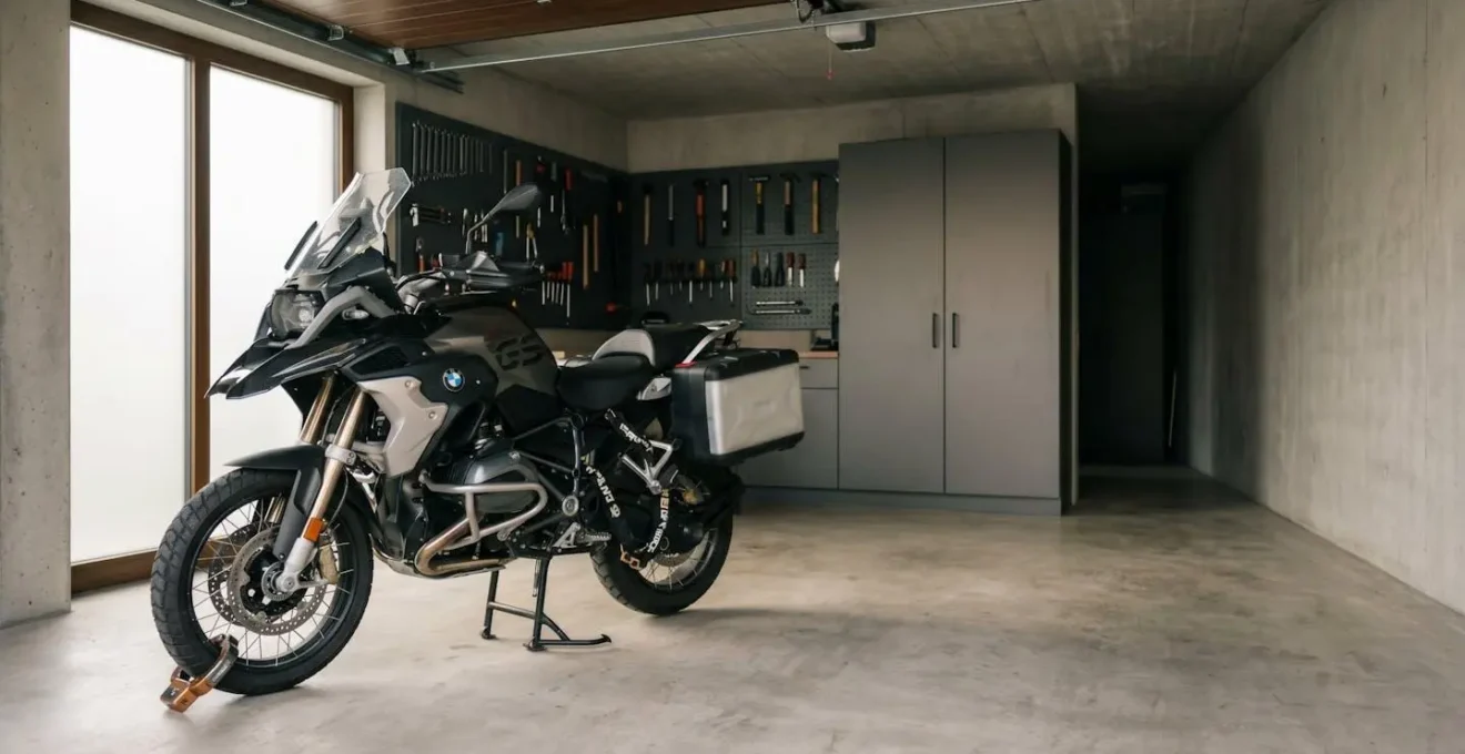 Gesichertes Motorrad in privater Garage mit Sicherheitssystemen