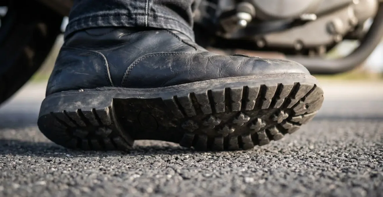 Detailaufnahme der Fussposition eines Motorradfahrers beim Anhalten an einer Ampel