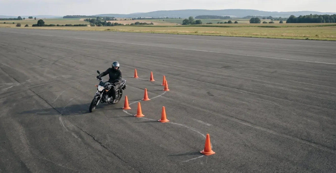 Motorradfahrer beim Slalom-Training auf dem Übungsplatz während der praktischen Ausbildung