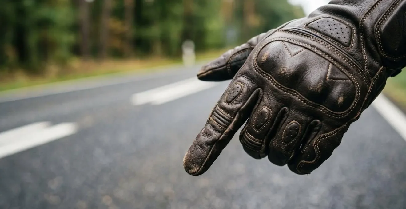 Nahaufnahme einer Hand in Motorradhandschuh die Handzeichen für Gruppenfahrt gibt