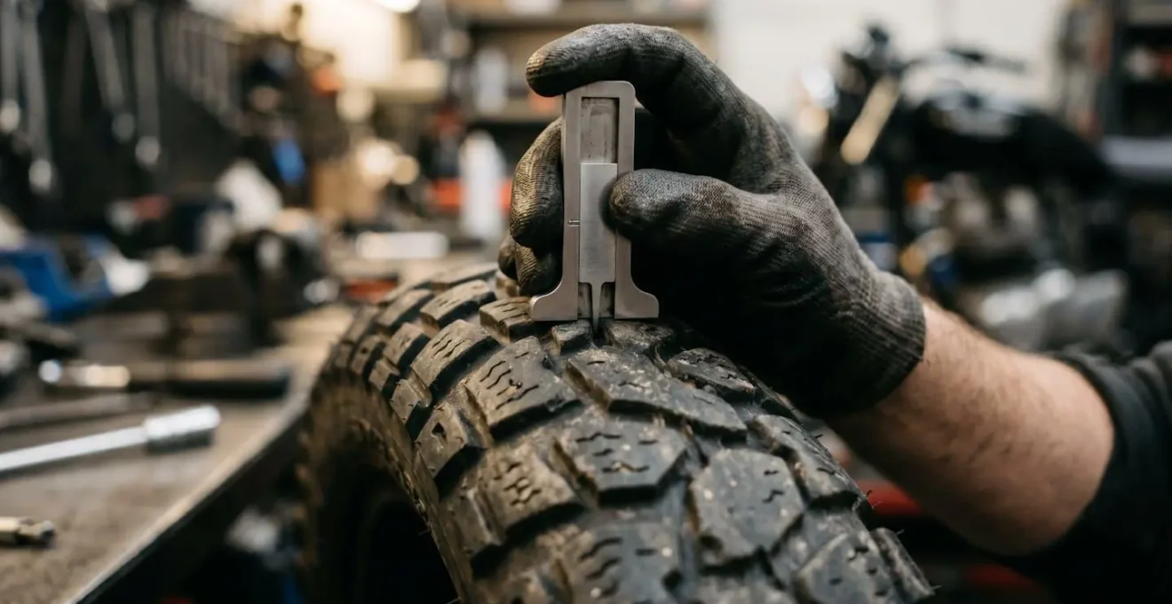 Detailaufnahme von Motorradreifen bei professioneller Inspektion vor Langstreckenreise