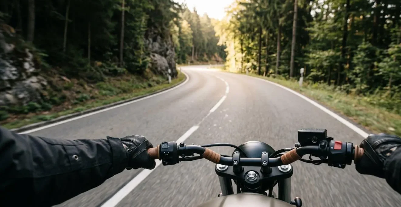 Motorradfahrer aus Fahrerperspektive in dynamischer Kurvenlage mit Blick auf Kurvenausgang