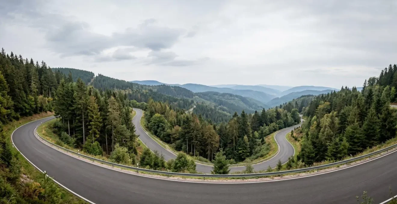 Weitwinkelaufnahme einer Serpentinenstrasse im Schwarzwald aus Fahrerperspektive mit weitem Blickfeld