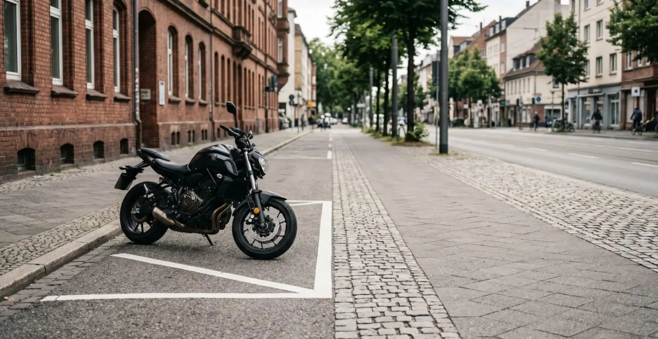 Motorrad korrekt auf ausgewiesenem Motorradparkplatz in deutscher Stadt geparkt