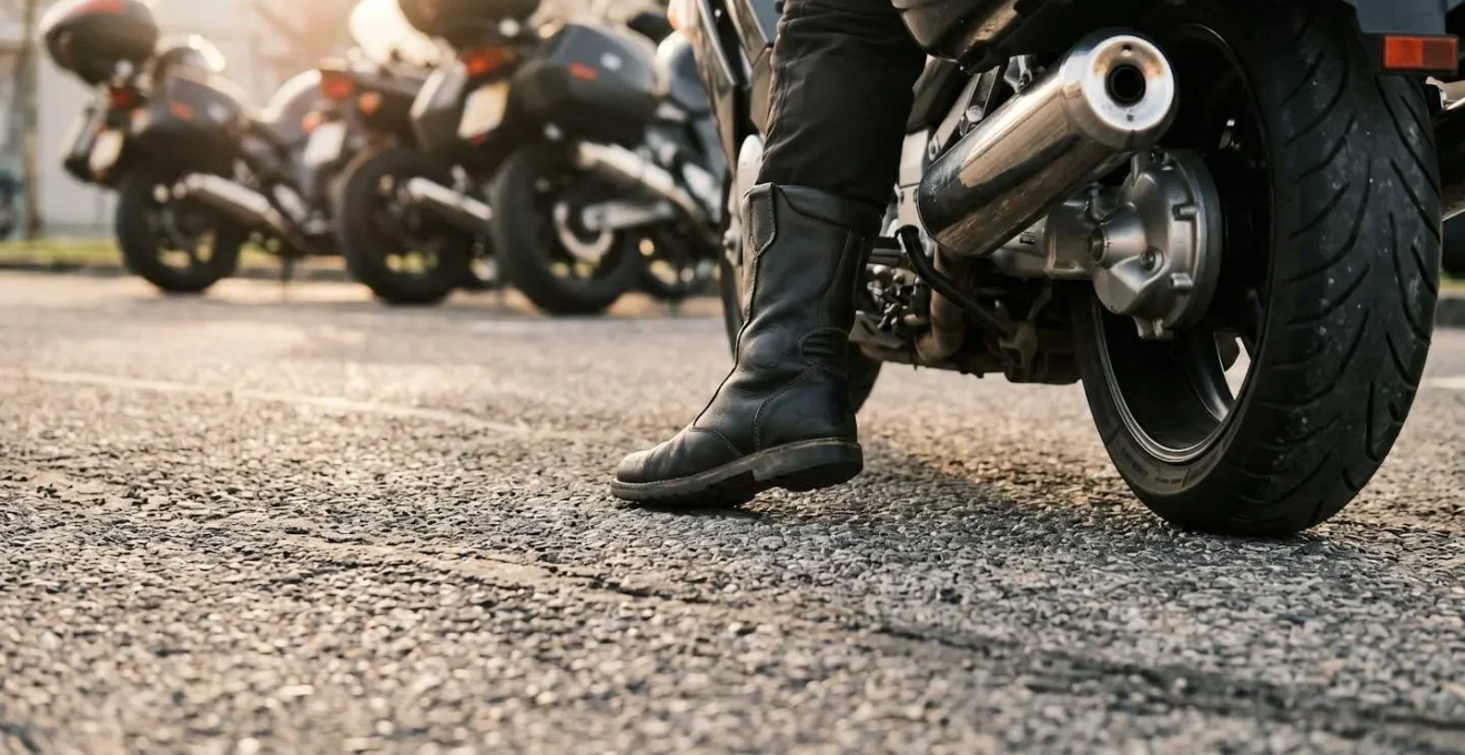 Nahaufnahme eines Motorrads beim rückwärts Einparken an deutschem Motorradtreffpunkt