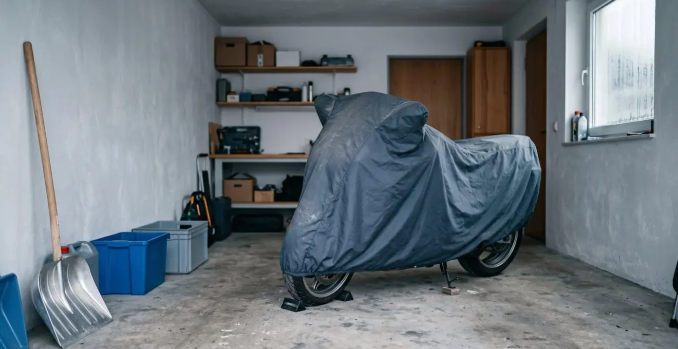 Motorrad in deutscher Garage während Winterpause mit Saisonkennzeichen