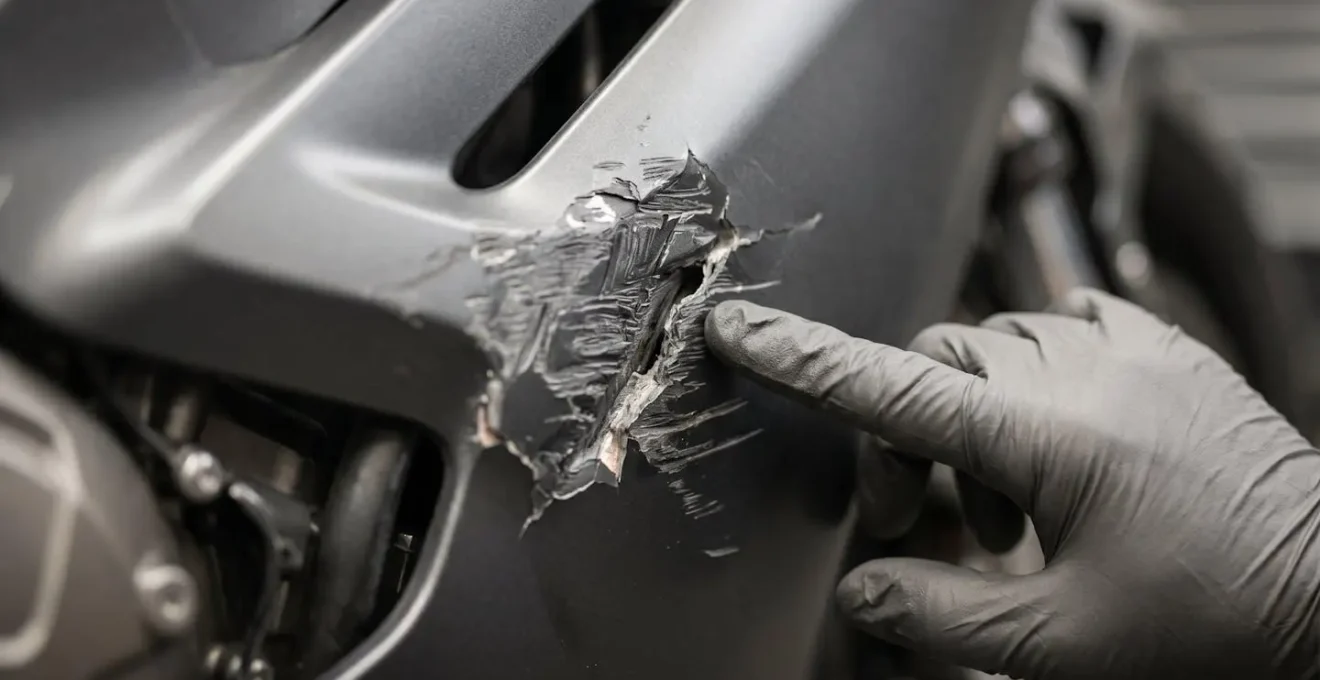 Detailaufnahme eines beschädigten Motorrads mit Fokus auf Dokumentationsprozess für Versicherungsschaden