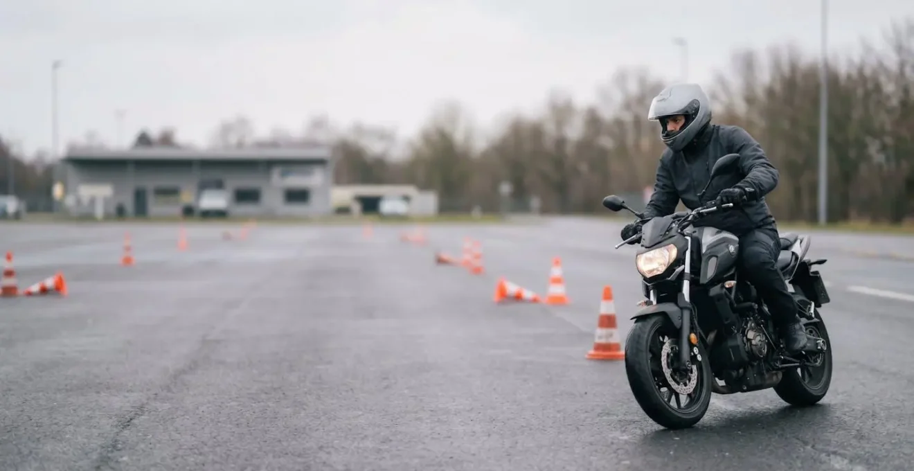 Motorradfahrer in Schutzkleidung beim Sicherheitstraining, Weitwinkelaufnahme auf deutschem Übungsgelände
