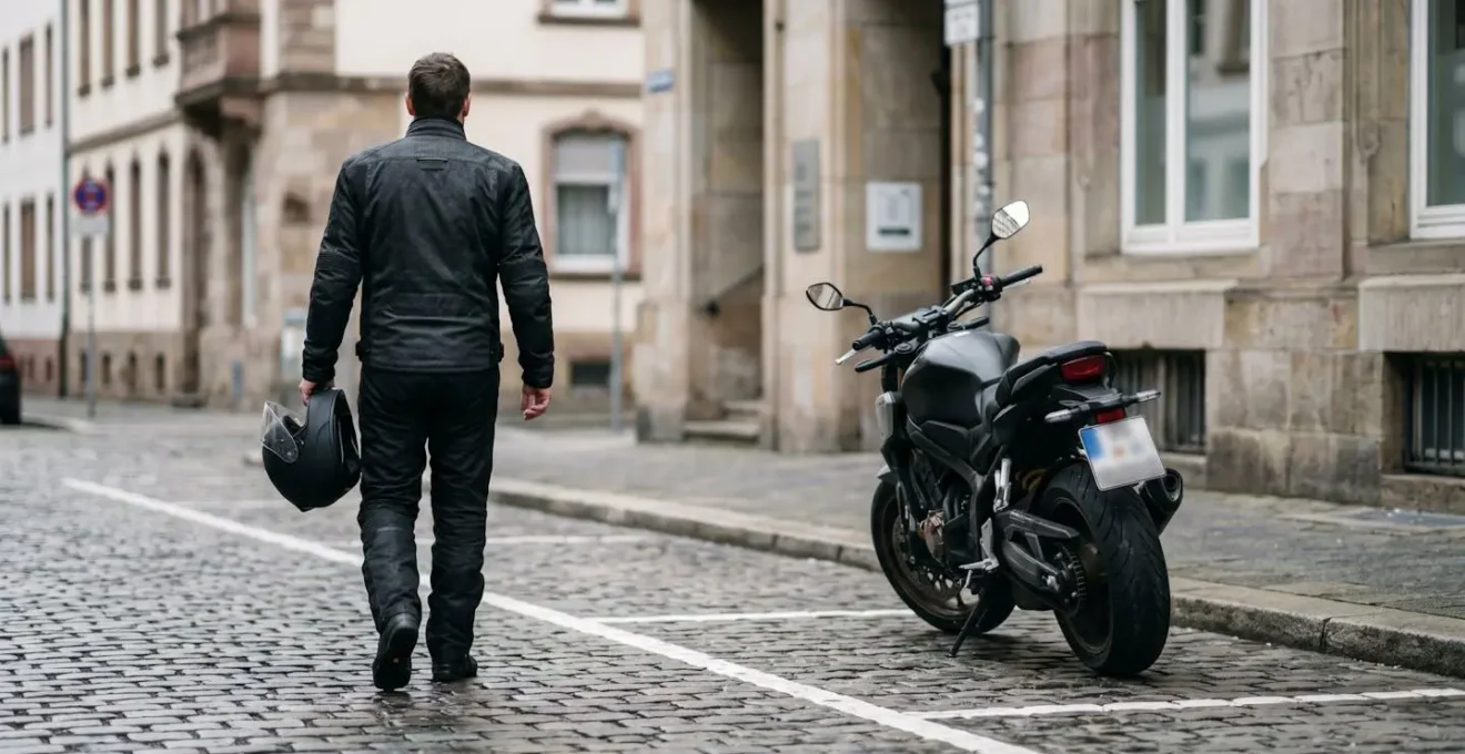 Motorrad ordnungsgemäss auf markiertem Parkplatz in deutscher Innenstadt geparkt