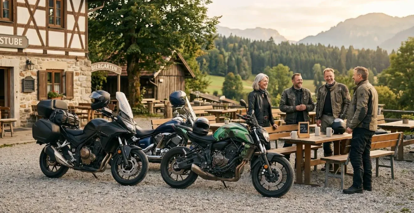 Kleine Gruppe von Motorradfahrern verschiedenen Alters bei entspanntem Treffen an typischem deutschen Bikertreff