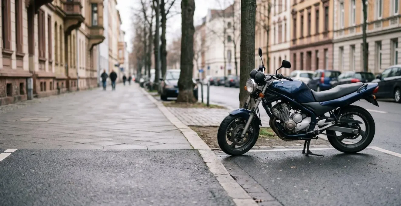 Korrekt am Fahrbahnrand geparktes Motorrad in deutscher Stadt