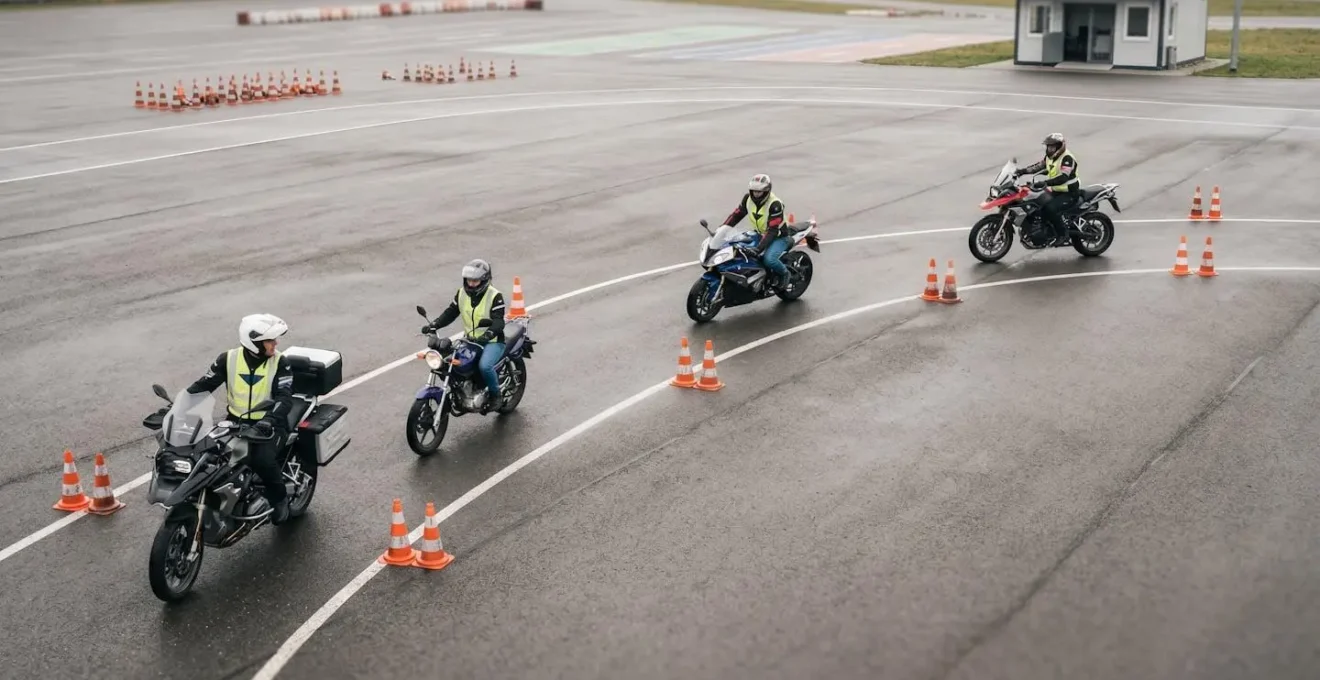 Verschiedene Motorradfahrer unterschiedlicher Erfahrungsstufen während eines Sicherheitstrainings auf einem deutschen Übungsplatz
