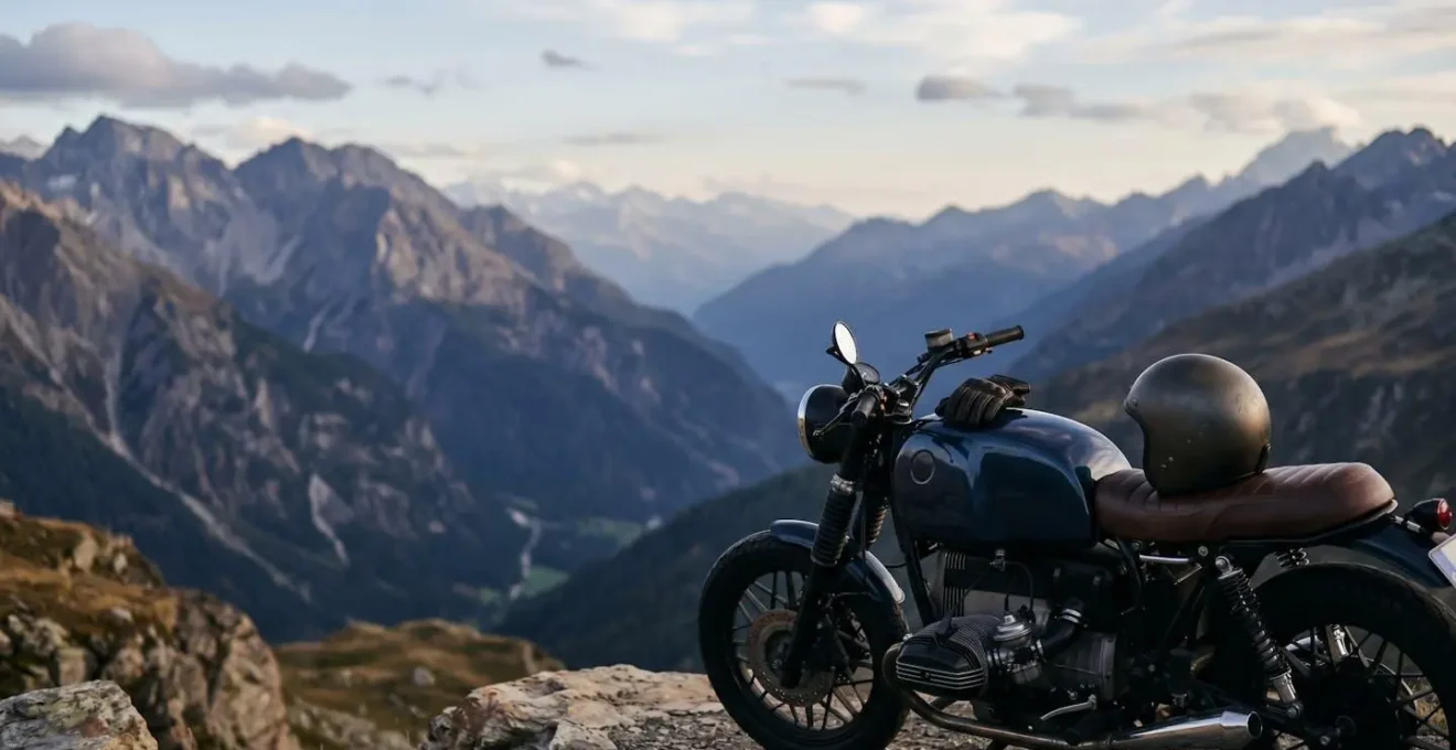 Motorrad an Alpenpass mit Blick auf Grenzregion zwischen Deutschland, Österreich und Schweiz