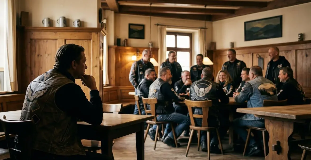 Nachdenklicher Motorradfahrer beobachtet die Atmosphäre bei einem Club-Treffen